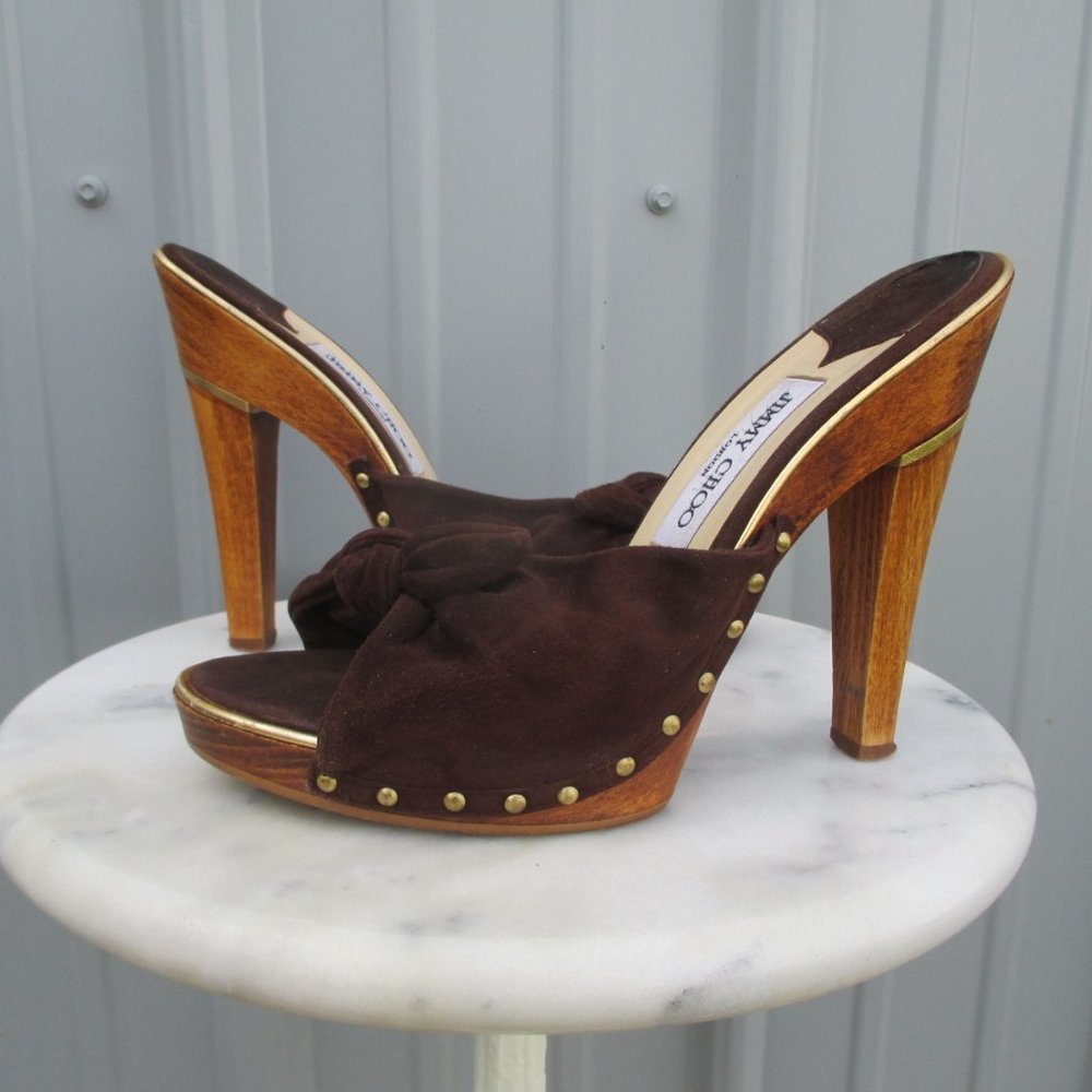 Jimmy Choo Platform Sandals Shoes Size 8 Brown Suede 5" Wood Heel Open Toe Boho